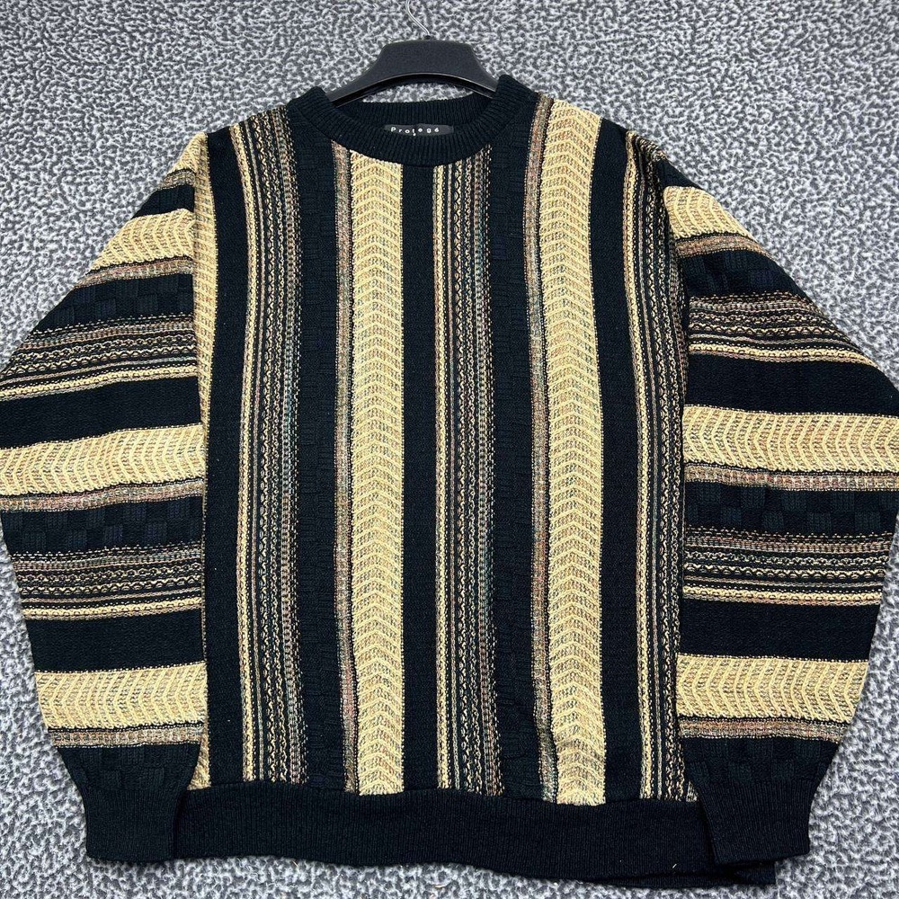 Vintage Protege Collection Sweater Men Large Striped Knit Black Long Sleeve L